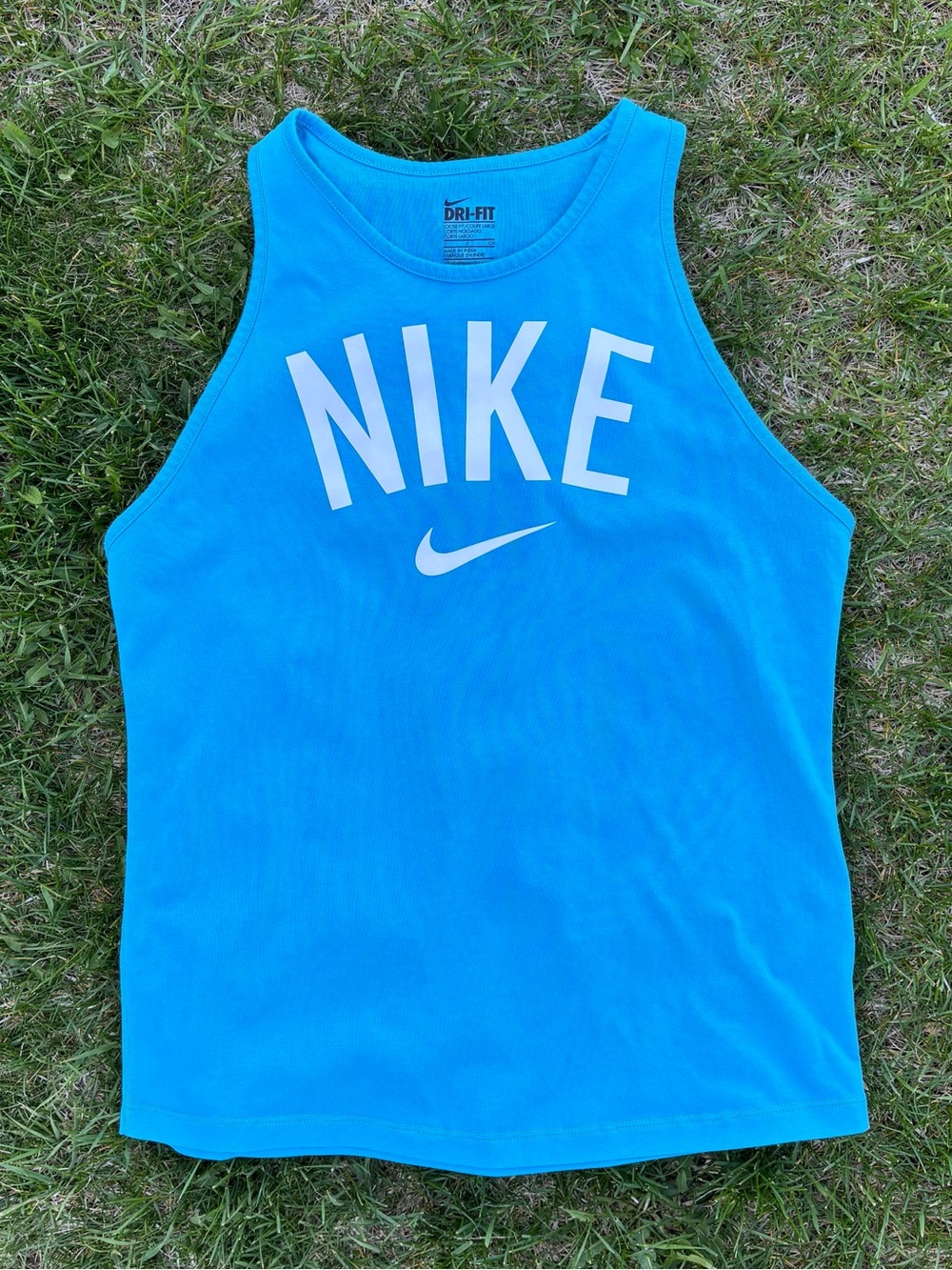 Nike Dri-Fit Spell Out Logo Tank Top Womens Sm Loose Fit Blue White Athletic Gym